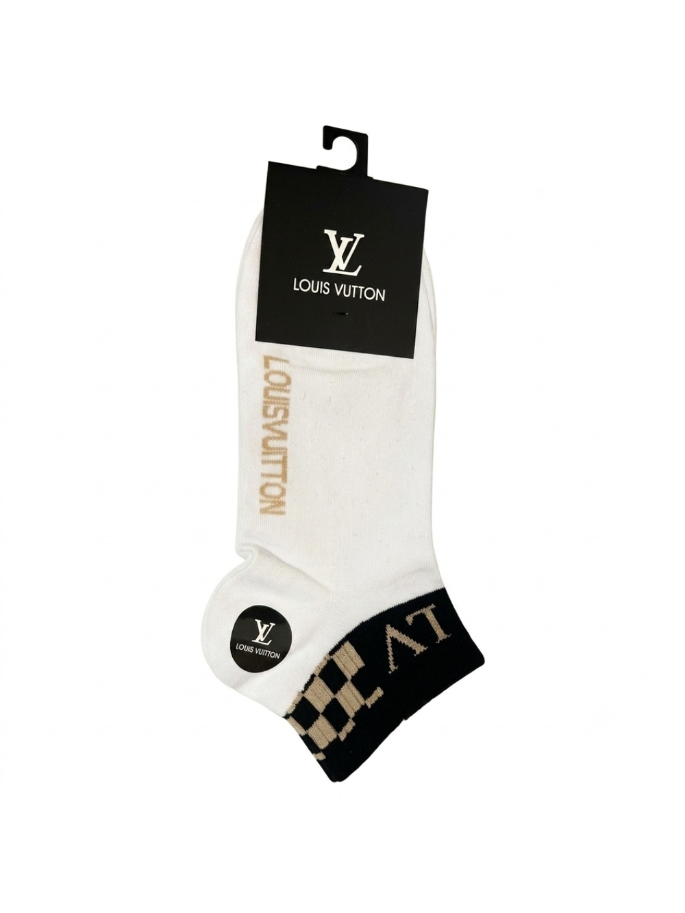 LV White Socks with Black & Cream Checker Ankle Trim